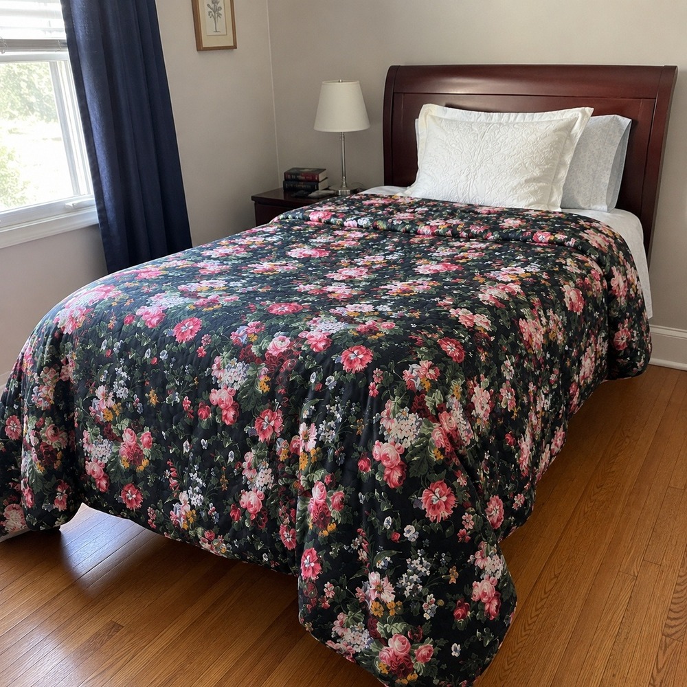VTG Ralph Lauren Home Cosette Isadora Comforter Black Floral Twin Cottage 86x68